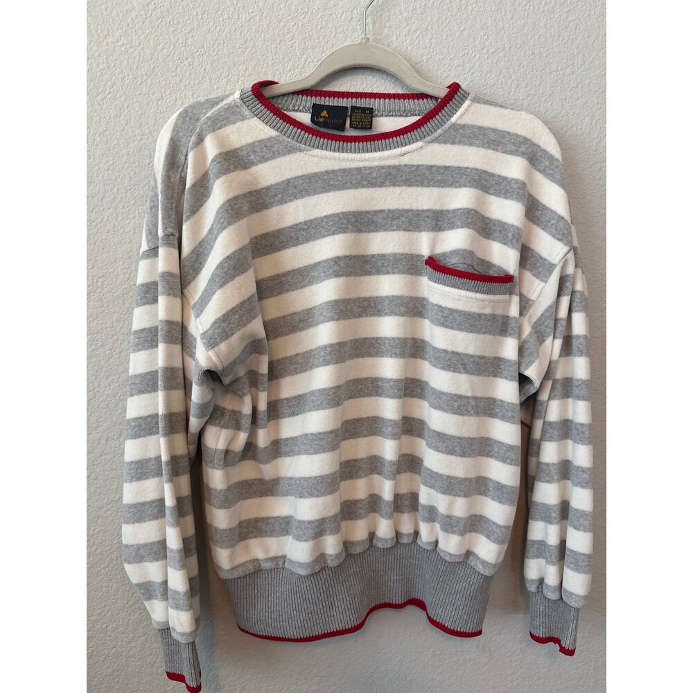Y2K Liz sport Striped Knit Sweater Gray White Red Pocket Top Size M